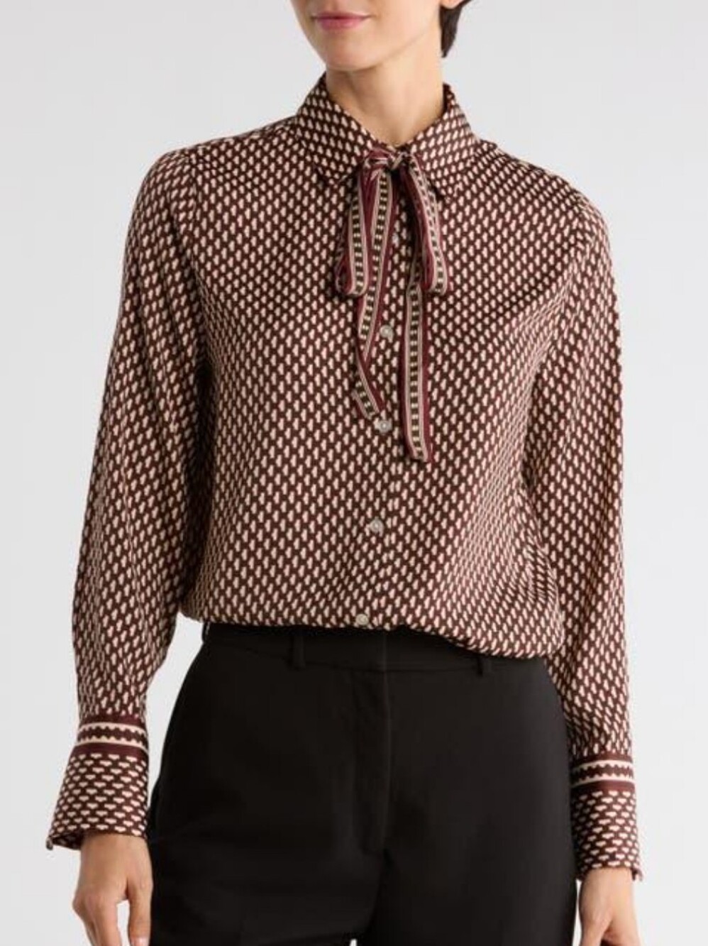 NWT Max Studio Brown Satin Corporate Chic Patterned Tie Neck Women Shirt XL